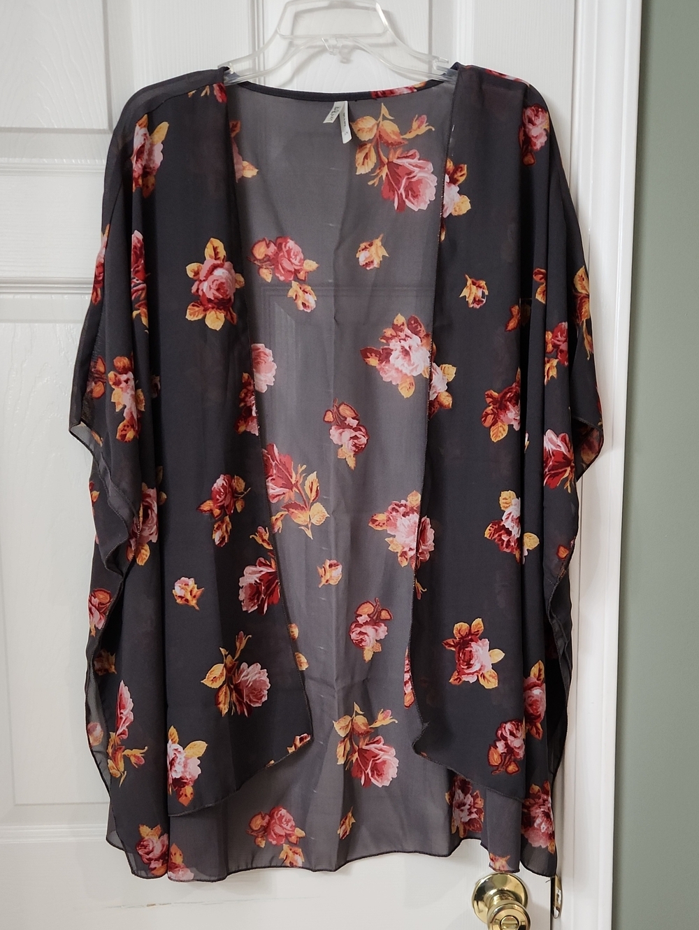 Live 4 Truth Charcoal Sheer Floral Kimono with Pink Blooms